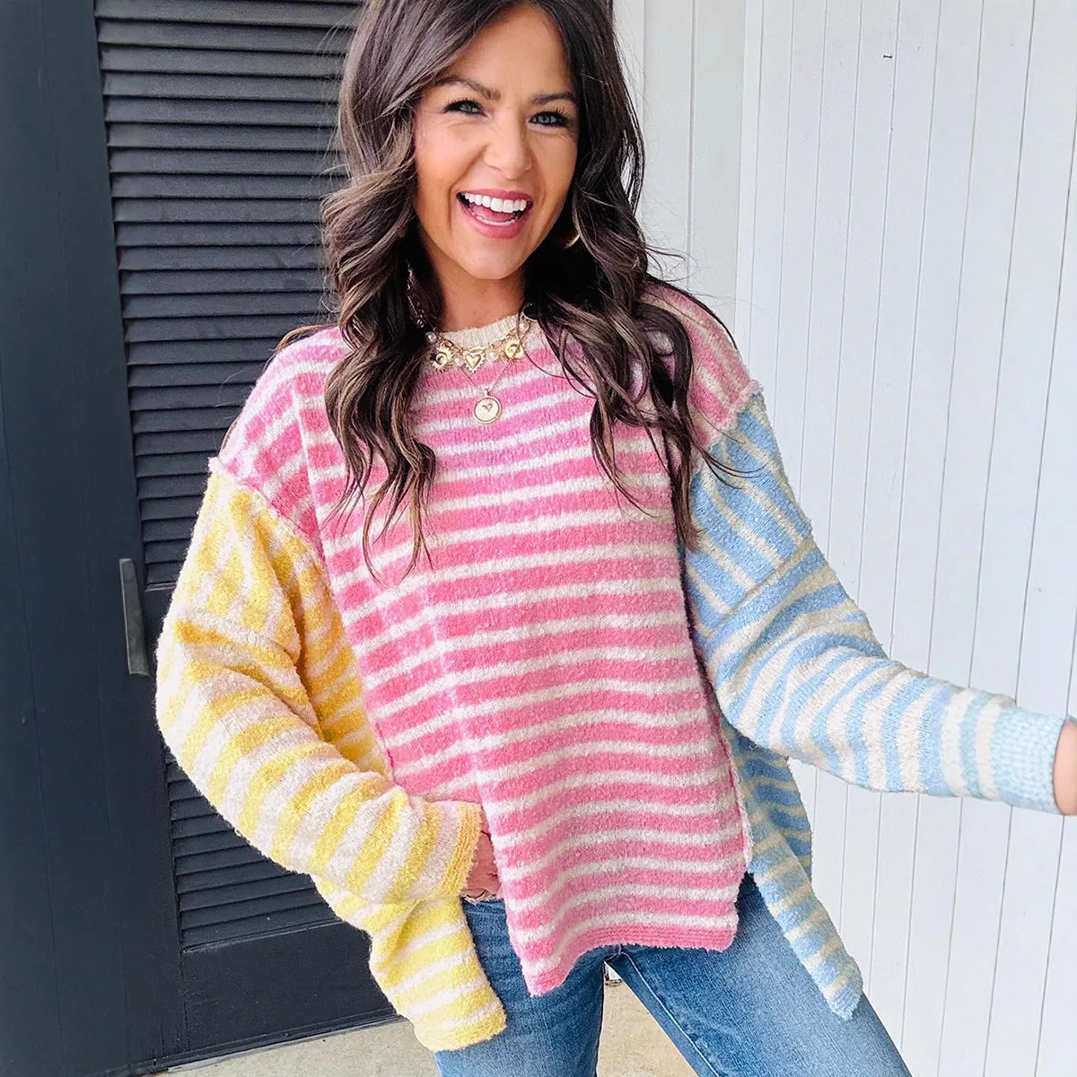 Women's casual striped acrylic long sleeve round neck pullover sweater in LC2726501-P22 colour, front view