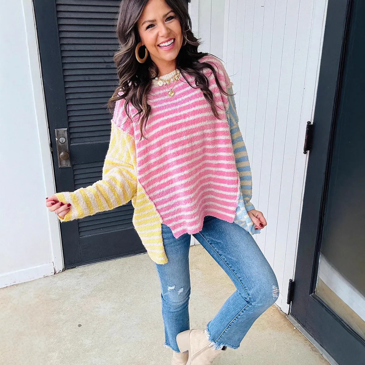 Women's casual striped acrylic long sleeve round neck pullover sweater in LC2726501-P22 colour, front view