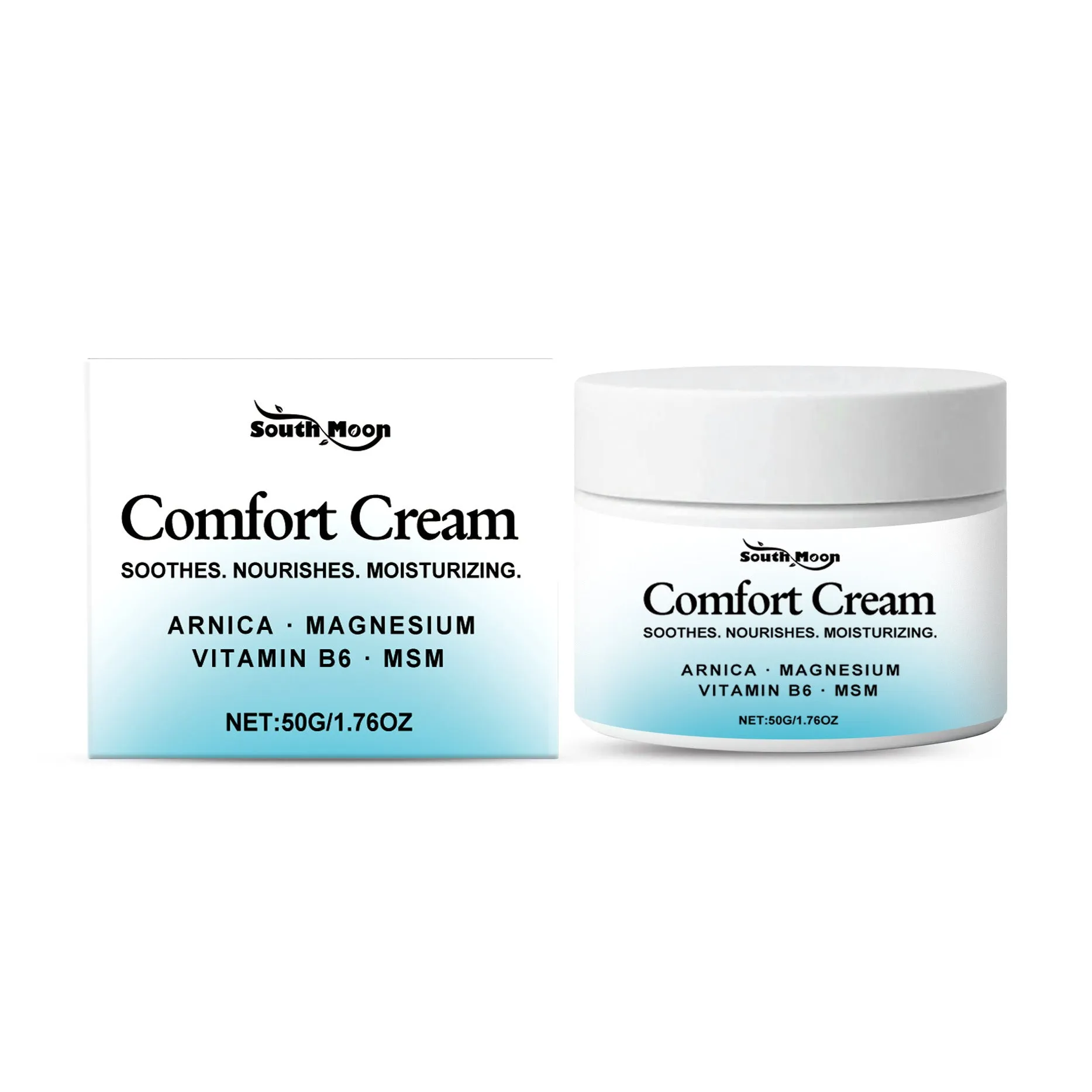 Square 5cm jar of 50g moisturising cream with Shanjinchehua and pyridoxine for body skin.