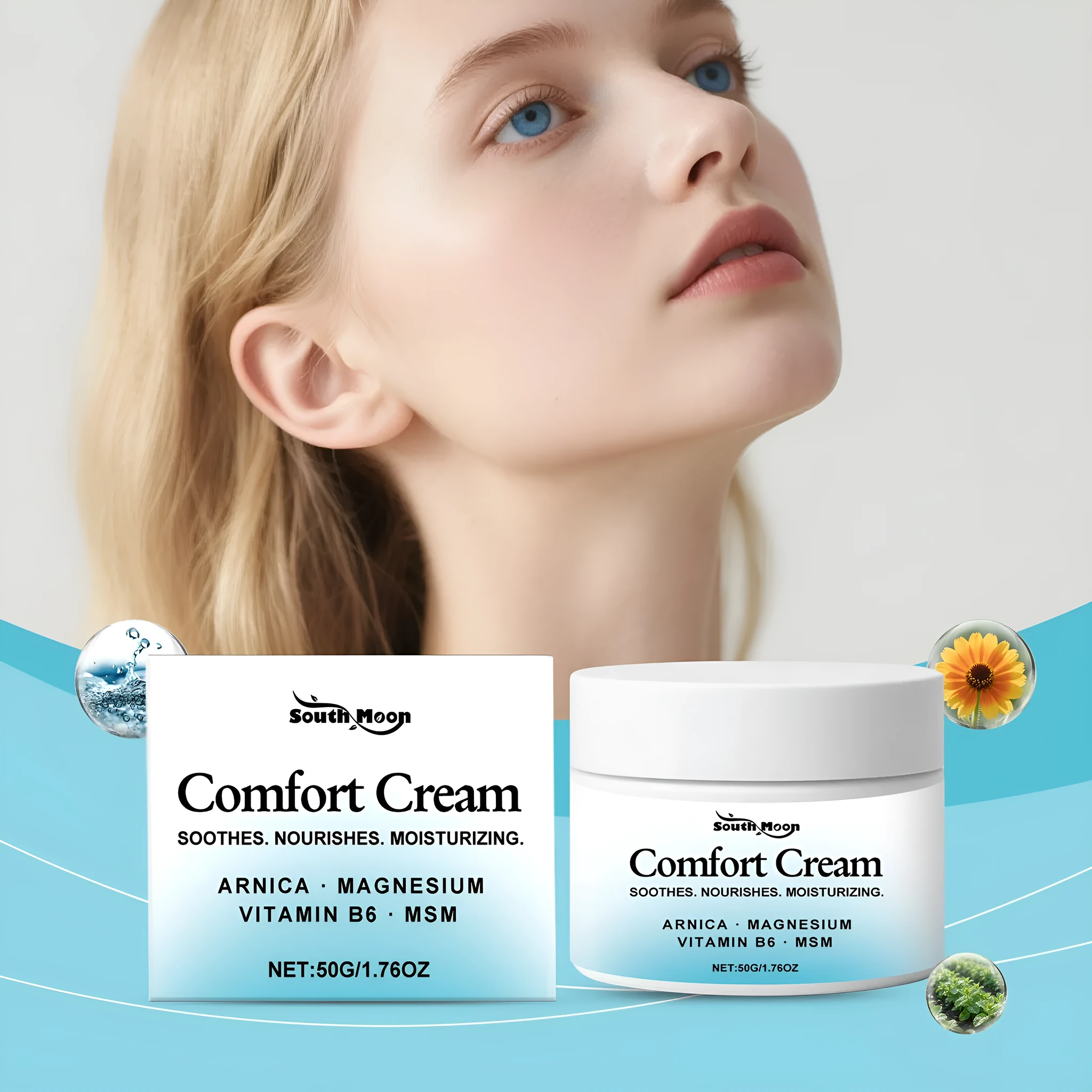 Square 5cm jar of 50g moisturising cream with Shanjinchehua and pyridoxine for body skin.