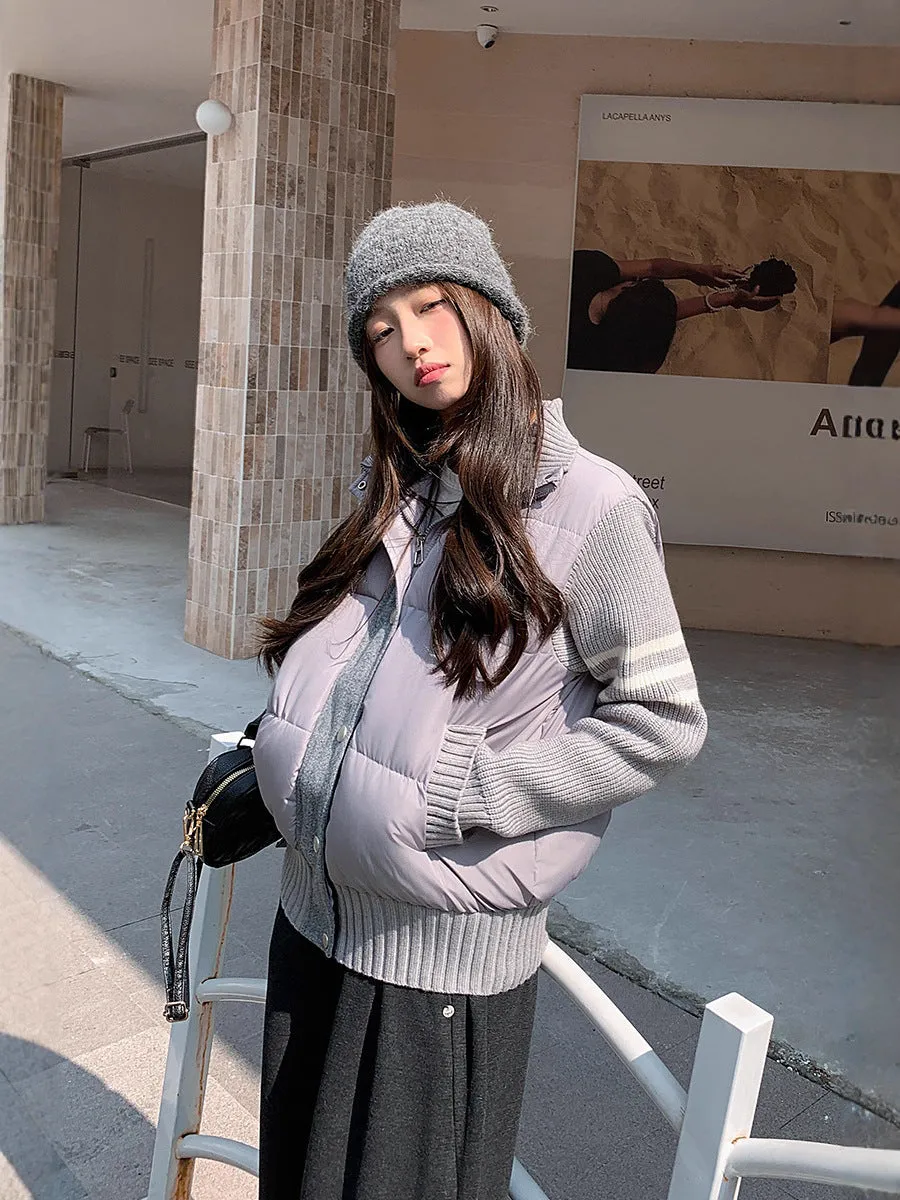 Knitted stitching colour contrast casual cotton-padded jacket with pockets, beige, front view