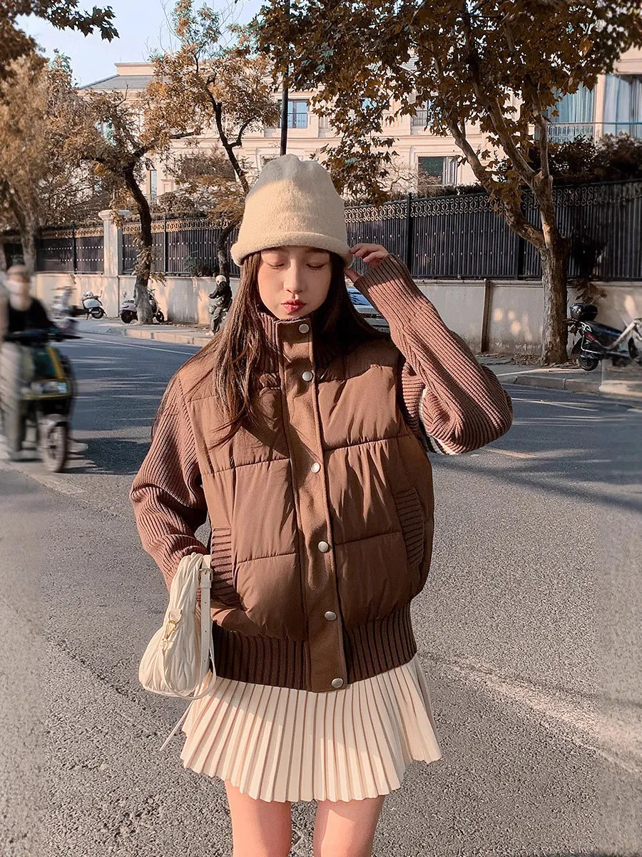 Knitted stitching colour contrast casual cotton-padded jacket with pockets, beige, front view