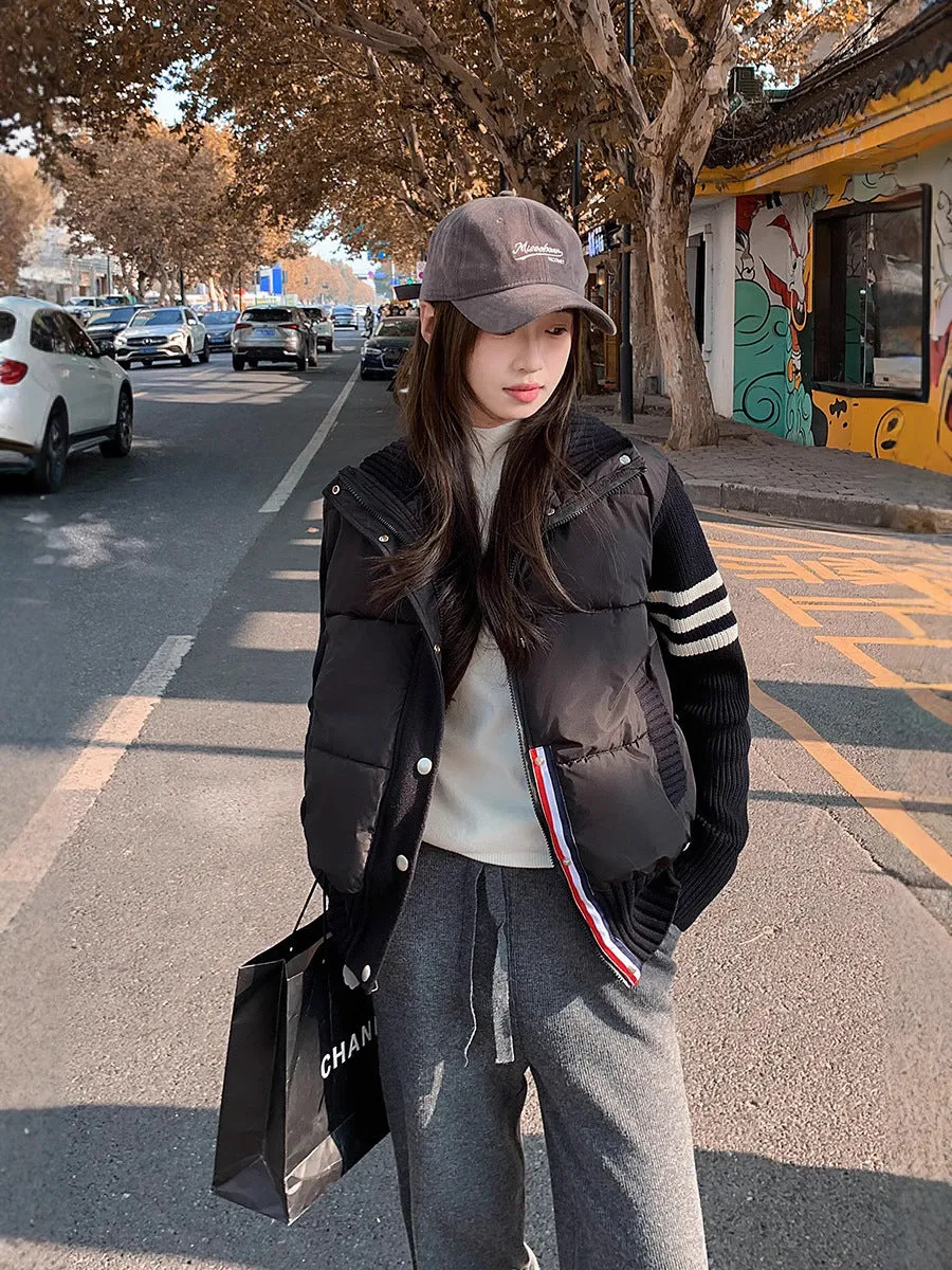 Knitted stitching colour contrast casual cotton-padded jacket with pockets, beige, front view