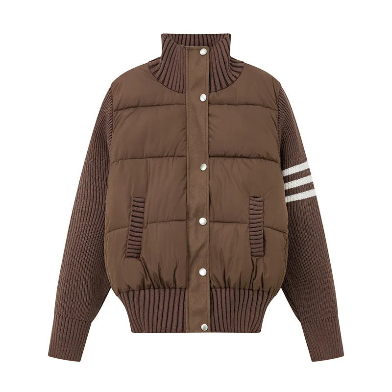 Knitted stitching colour contrast casual cotton-padded jacket with pockets, beige, front view
