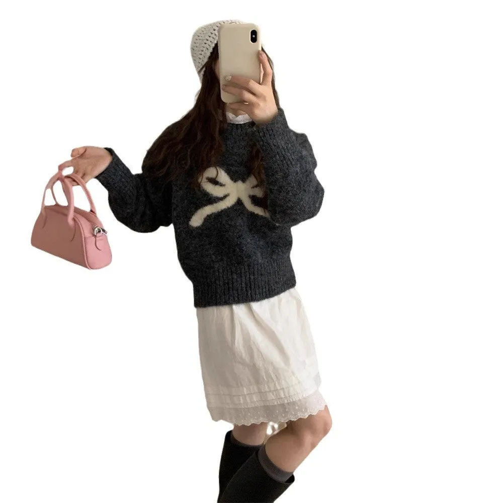 Women's loose round neck bowknot pullover sweater in light gray with raglan sleeves