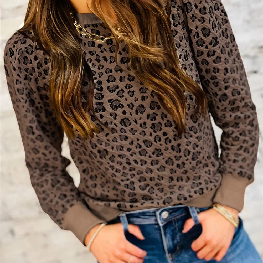 Women's leopard print slim fit pullover top, gray and khaki colour options