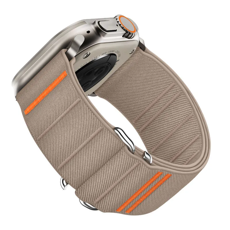 Elastic nylon sports watchband with stainless steel buckle for Apple Watch, shown in Army Green colour.