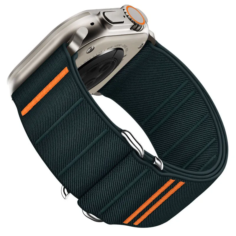 Elastic nylon sports watchband with stainless steel buckle for Apple Watch, shown in Army Green colour.