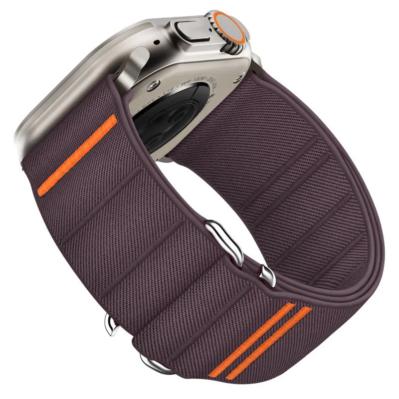 Elastic nylon sports watchband with stainless steel buckle for Apple Watch, shown in Army Green colour.