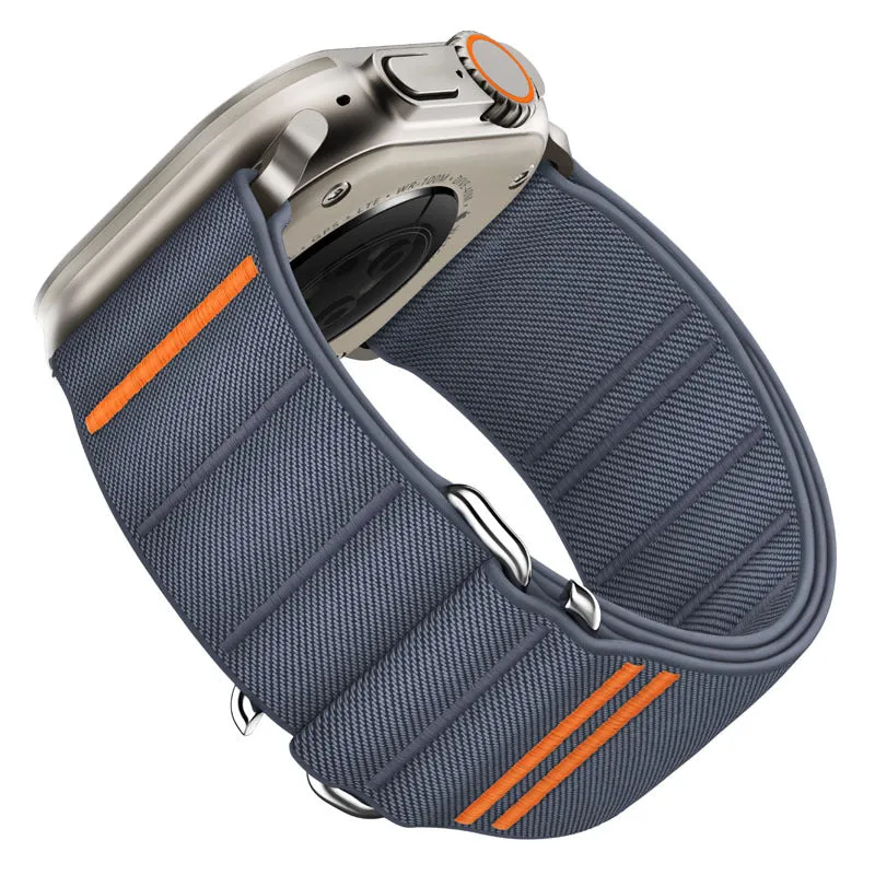 Elastic nylon sports watchband with stainless steel buckle for Apple Watch, shown in Army Green colour.