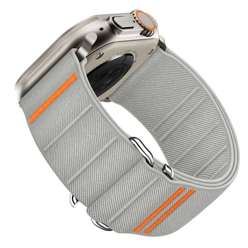 Elastic nylon sports watchband with stainless steel buckle for Apple Watch, shown in Army Green colour.