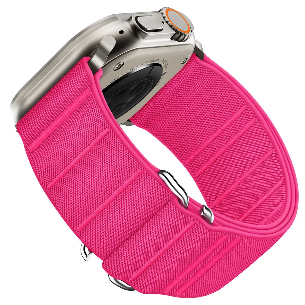 Elastic nylon sports watchband with stainless steel buckle for Apple Watch, shown in Army Green colour.
