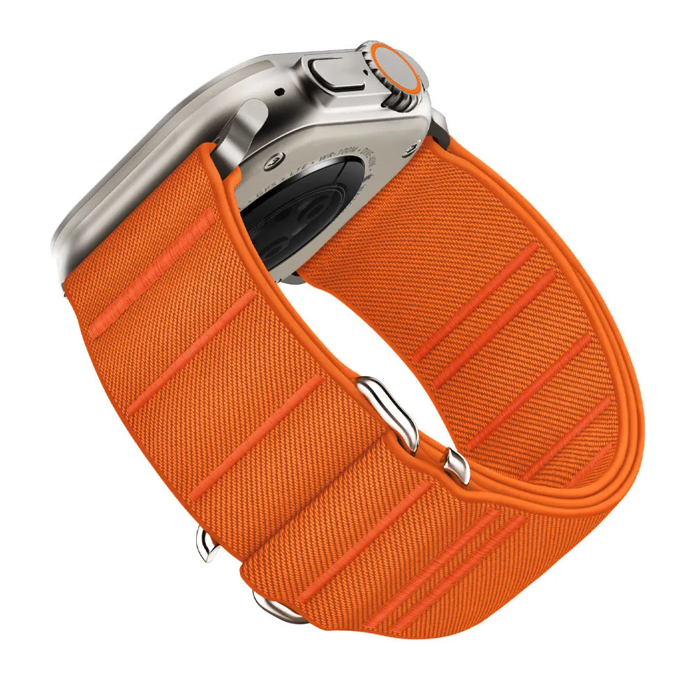 Elastic nylon sports watchband with stainless steel buckle for Apple Watch, shown in Army Green colour.