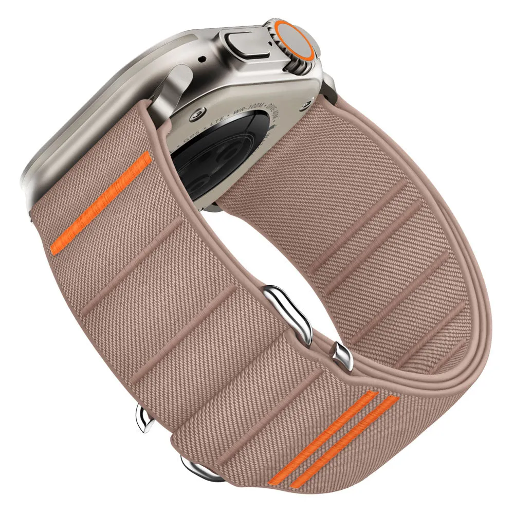 Elastic nylon sports watchband with stainless steel buckle for Apple Watch, shown in Army Green colour.