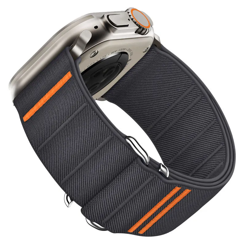 Elastic nylon sports watchband with stainless steel buckle for Apple Watch, shown in Army Green colour.