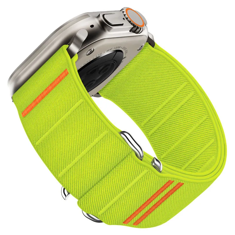 Elastic nylon sports watchband with stainless steel buckle for Apple Watch, shown in Army Green colour.