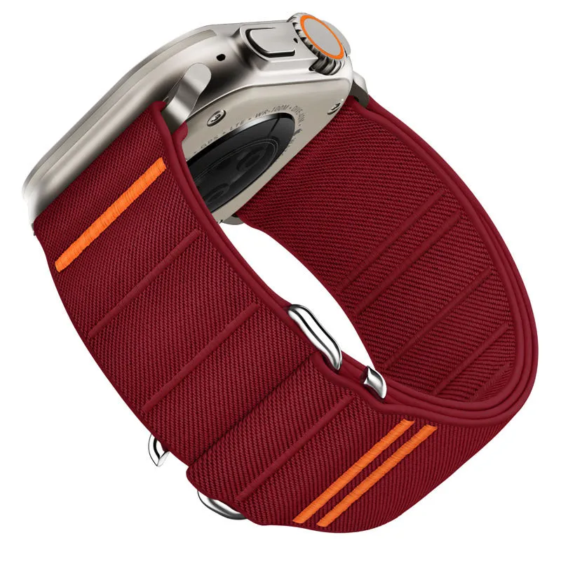 Elastic nylon sports watchband with stainless steel buckle for Apple Watch, shown in Army Green colour.