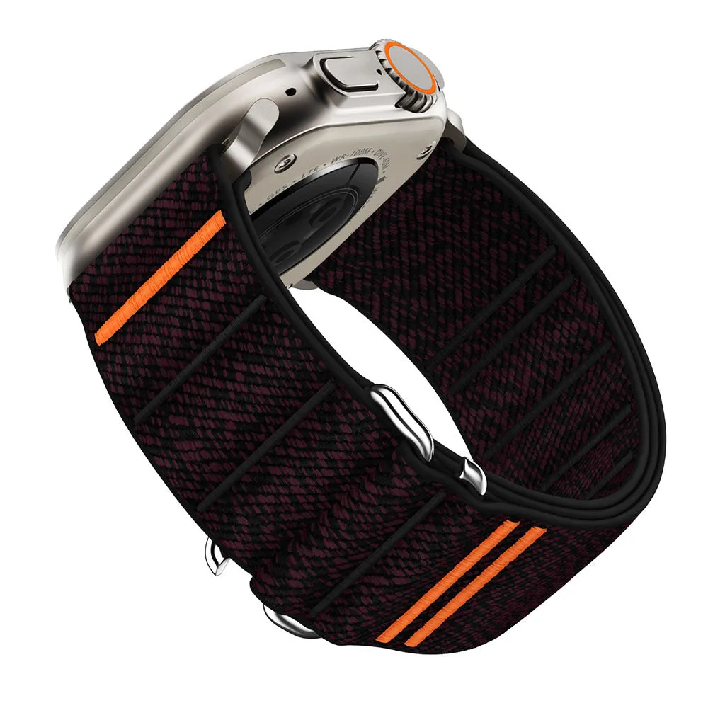 Elastic nylon sports watchband with stainless steel buckle for Apple Watch, shown in Army Green colour.