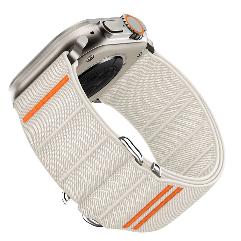 Elastic nylon sports watchband with stainless steel buckle for Apple Watch, shown in Army Green colour.