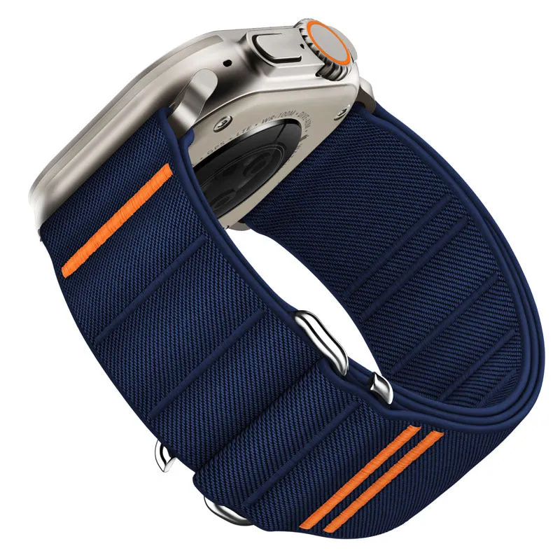 Elastic nylon sports watchband with stainless steel buckle for Apple Watch, shown in Army Green colour.