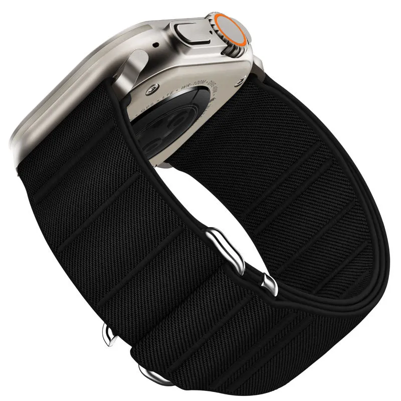 Elastic nylon sports watchband with stainless steel buckle for Apple Watch, shown in Army Green colour.