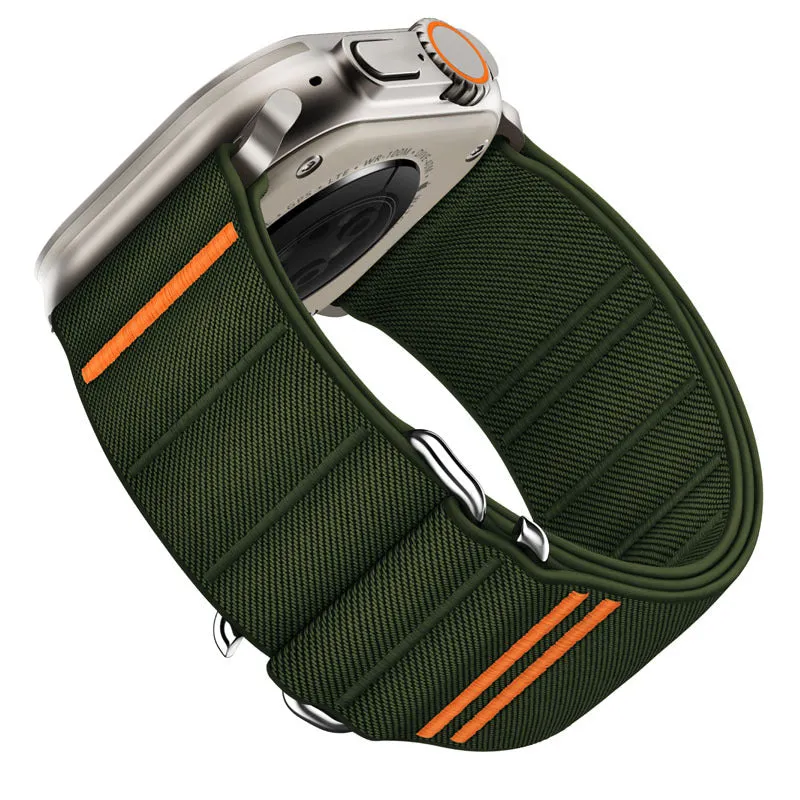 Elastic nylon sports watchband with stainless steel buckle for Apple Watch, shown in Army Green colour.