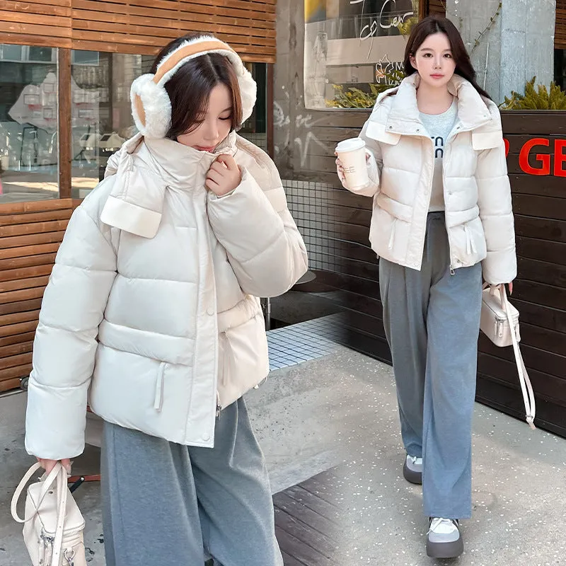 Beige loose cotton-padded coat with letter printing and front pockets, regular sleeves, polyester fabric