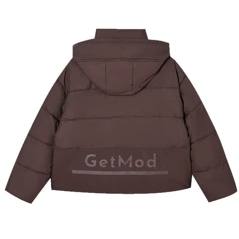 Beige loose cotton-padded coat with letter printing and front pockets, regular sleeves, polyester fabric