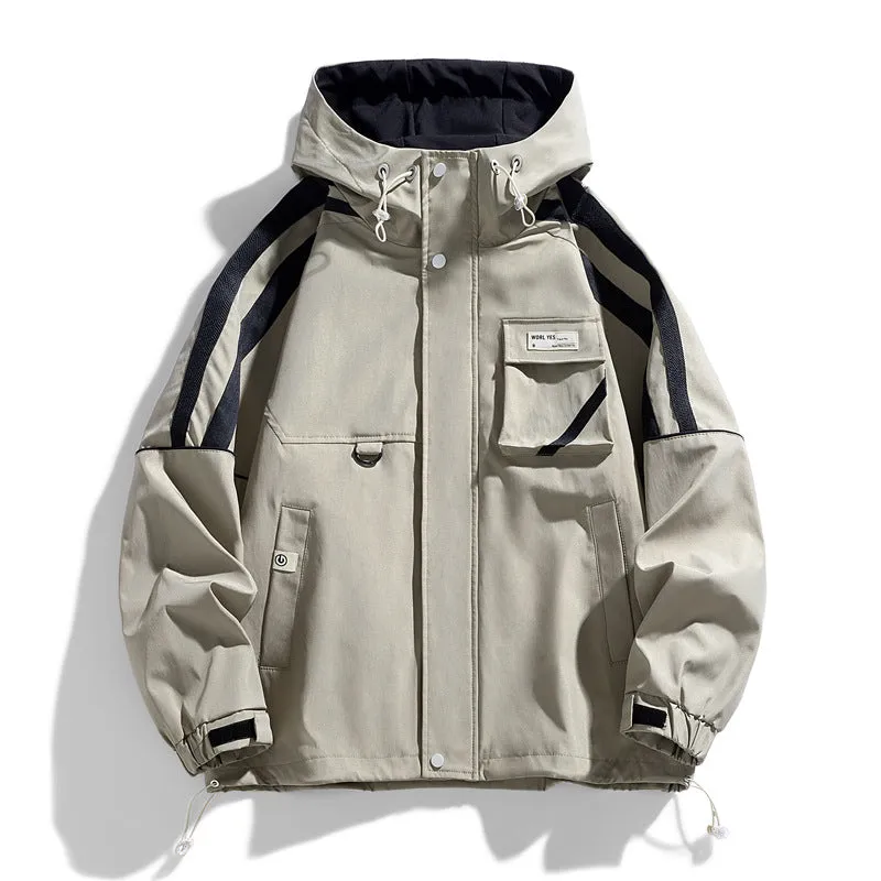 Men's loose hooded work coat in beige apricot with patch pockets and straight hem