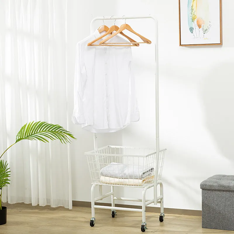 White iron pulley storage car with single rod for hanging clothes and garments