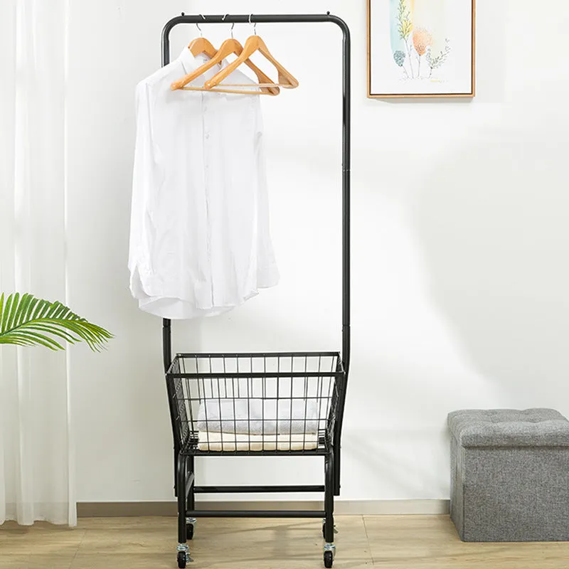 White iron pulley storage car with single rod for hanging clothes and garments
