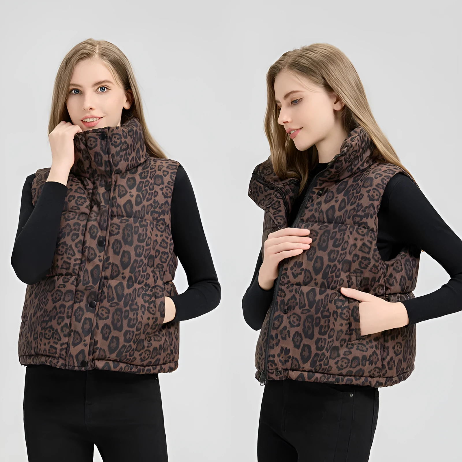 Leopard print stand collar loose fit vest for women in khaki with pockets and thick polyester fabric