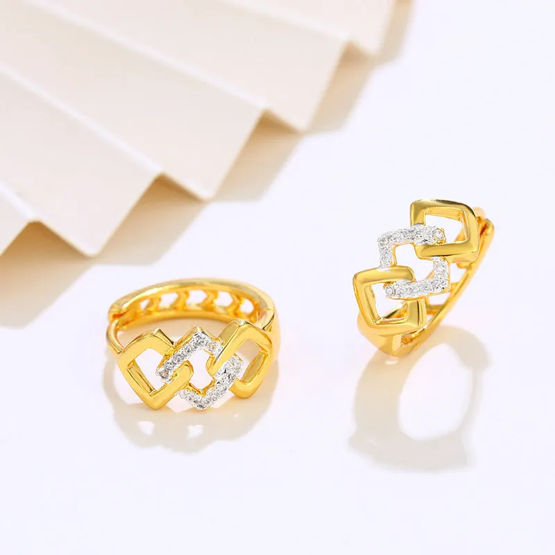 Gold geometric hollow-out earrings with electroplated alloy construction and ear clip fastening