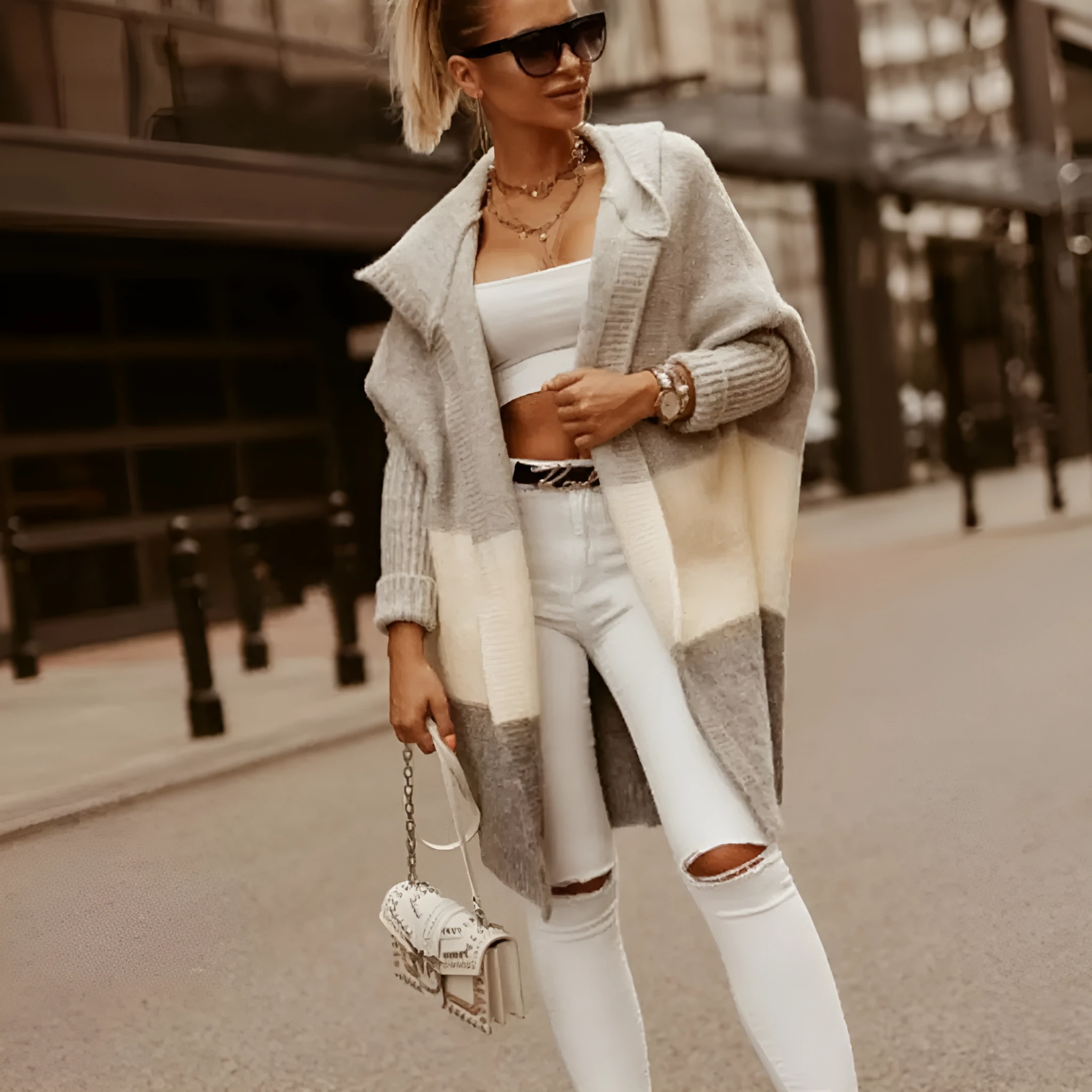 Women's colour matching hooded knit cardigan coat in pink, thick acrylic cashmere blend, long sleeve, loose fit