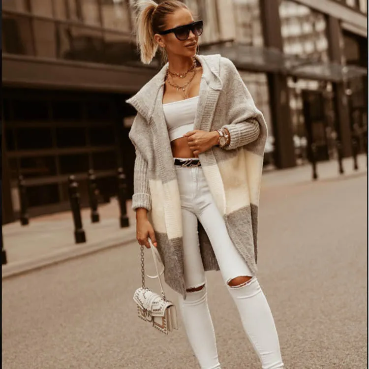 Women's colour matching hooded knit cardigan coat in pink, thick acrylic cashmere blend, long sleeve, loose fit
