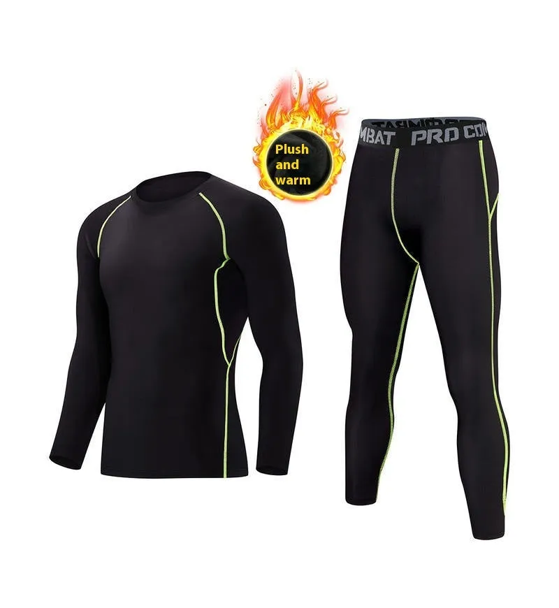 Fitness tights set adults children thin fleece-lined cotton blend solid colour top trousers black green grey orange