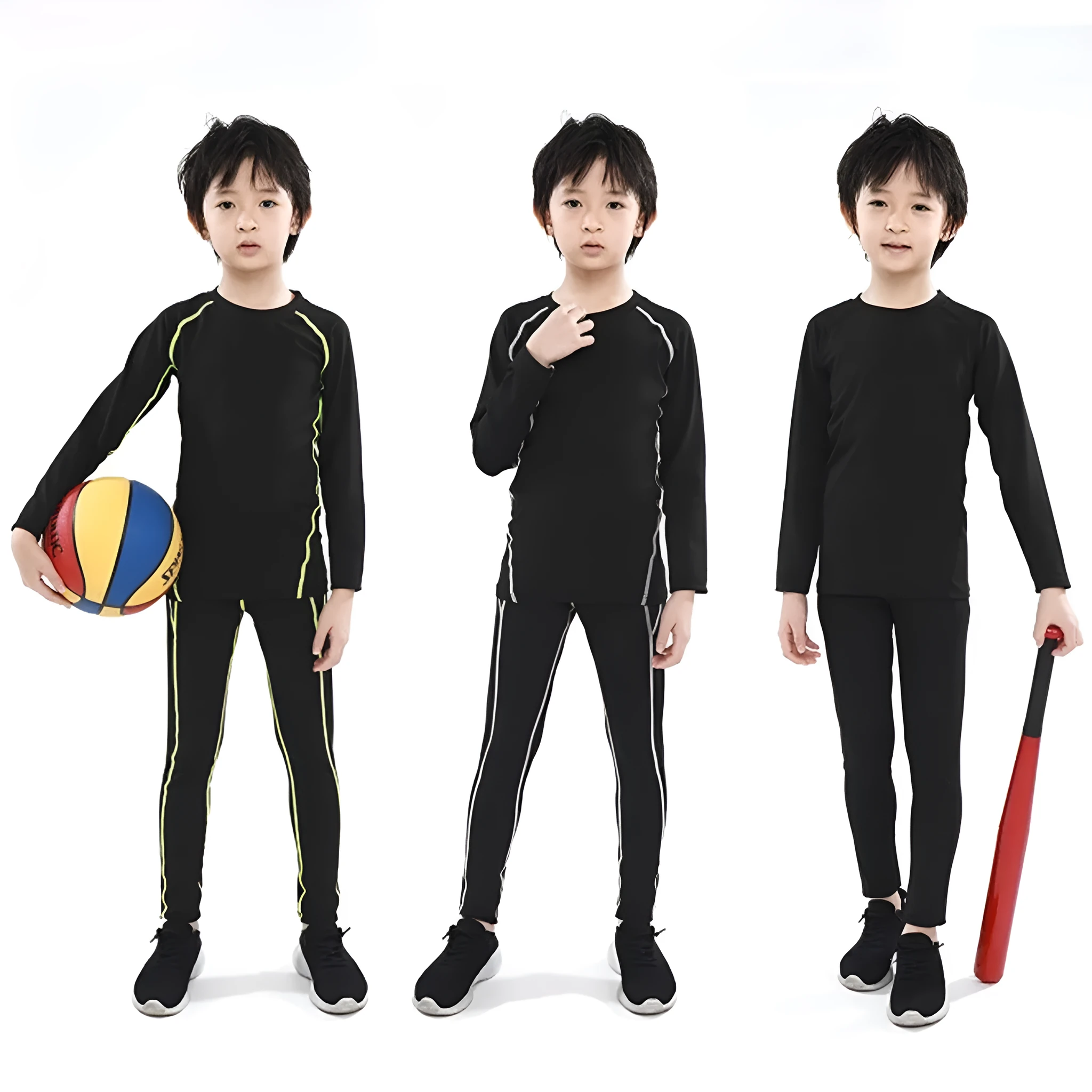 Fitness tights set adults children thin fleece-lined cotton blend solid colour top trousers black green grey orange