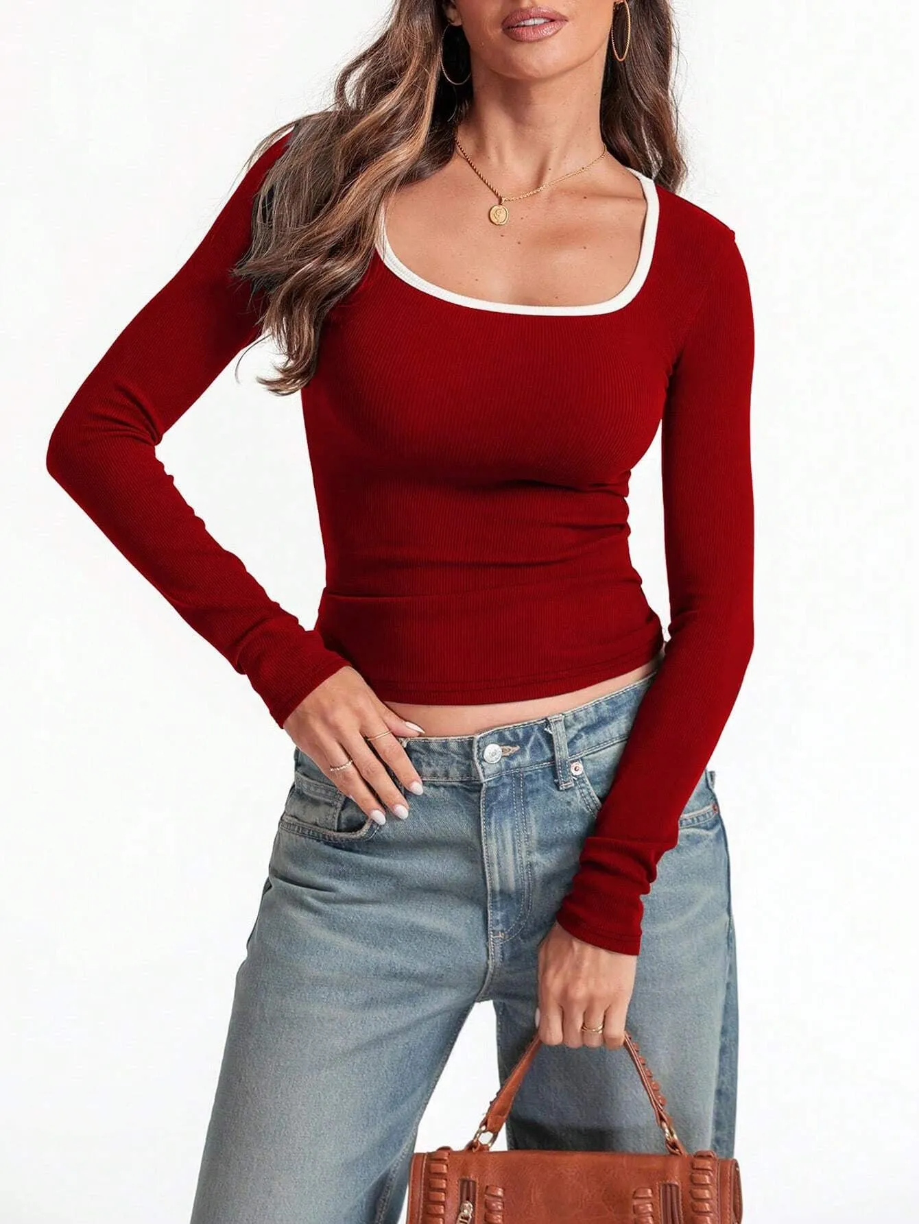 Cotton women's square collar slim fit long sleeve top in solid colours on a hanger.
