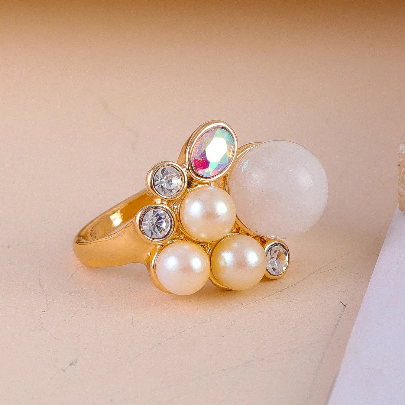 Zinc alloy flower ring for women size No 7 pink crystal colour