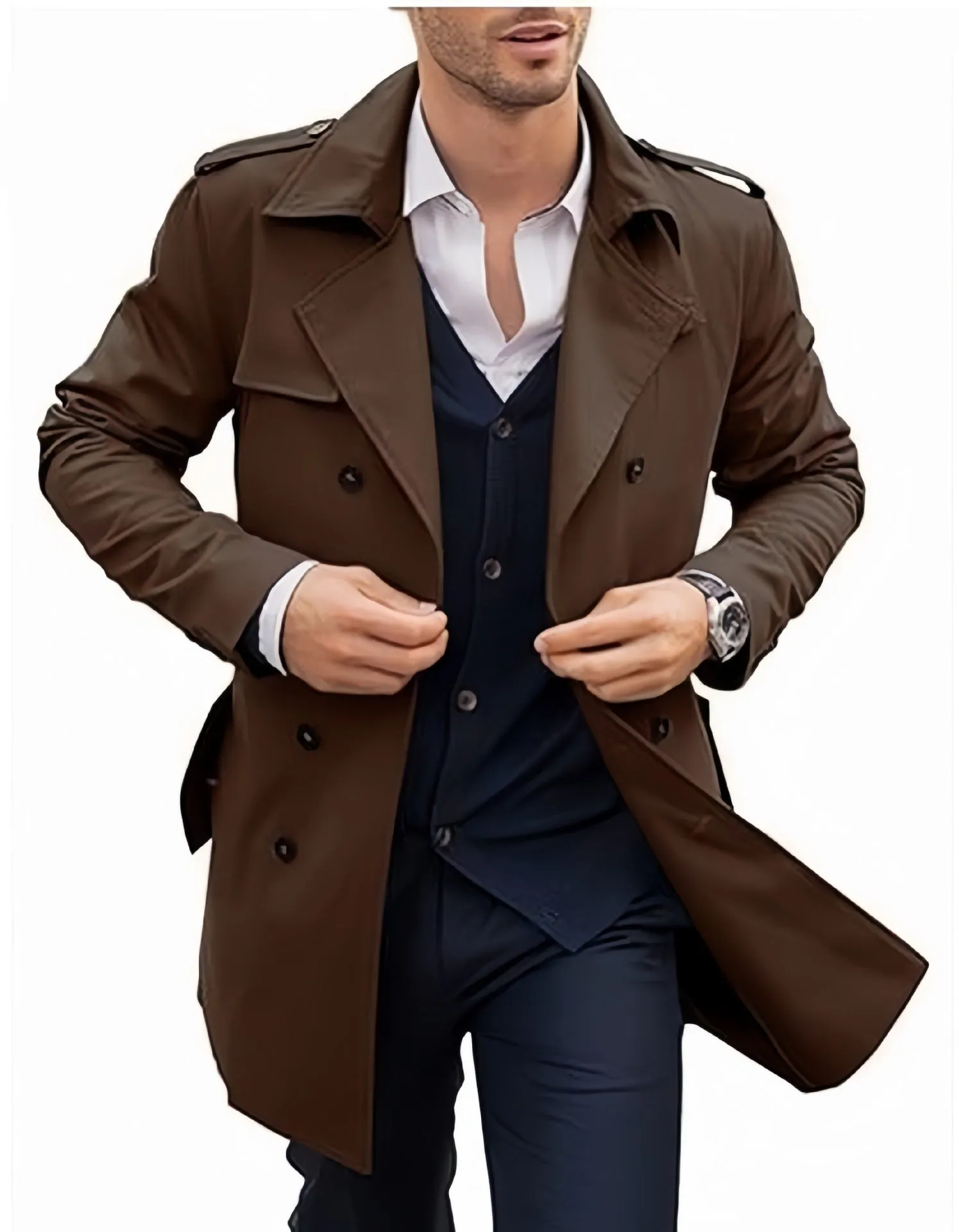 Men's double breasted mid length polyester coat in black, brown, and light gray, sizes M to 2XL