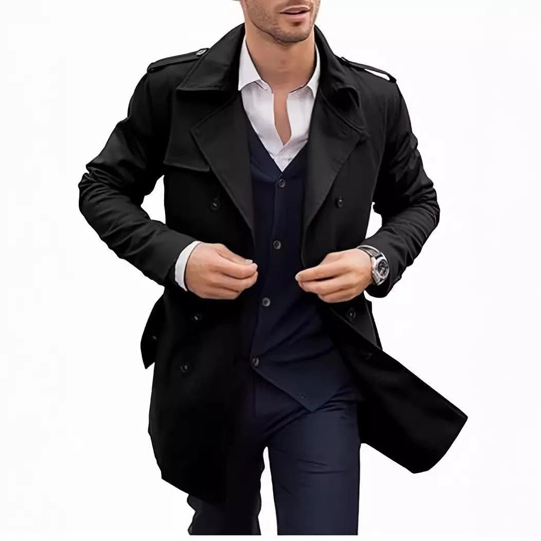 Men's double breasted mid length polyester coat in black, brown, and light gray, sizes M to 2XL