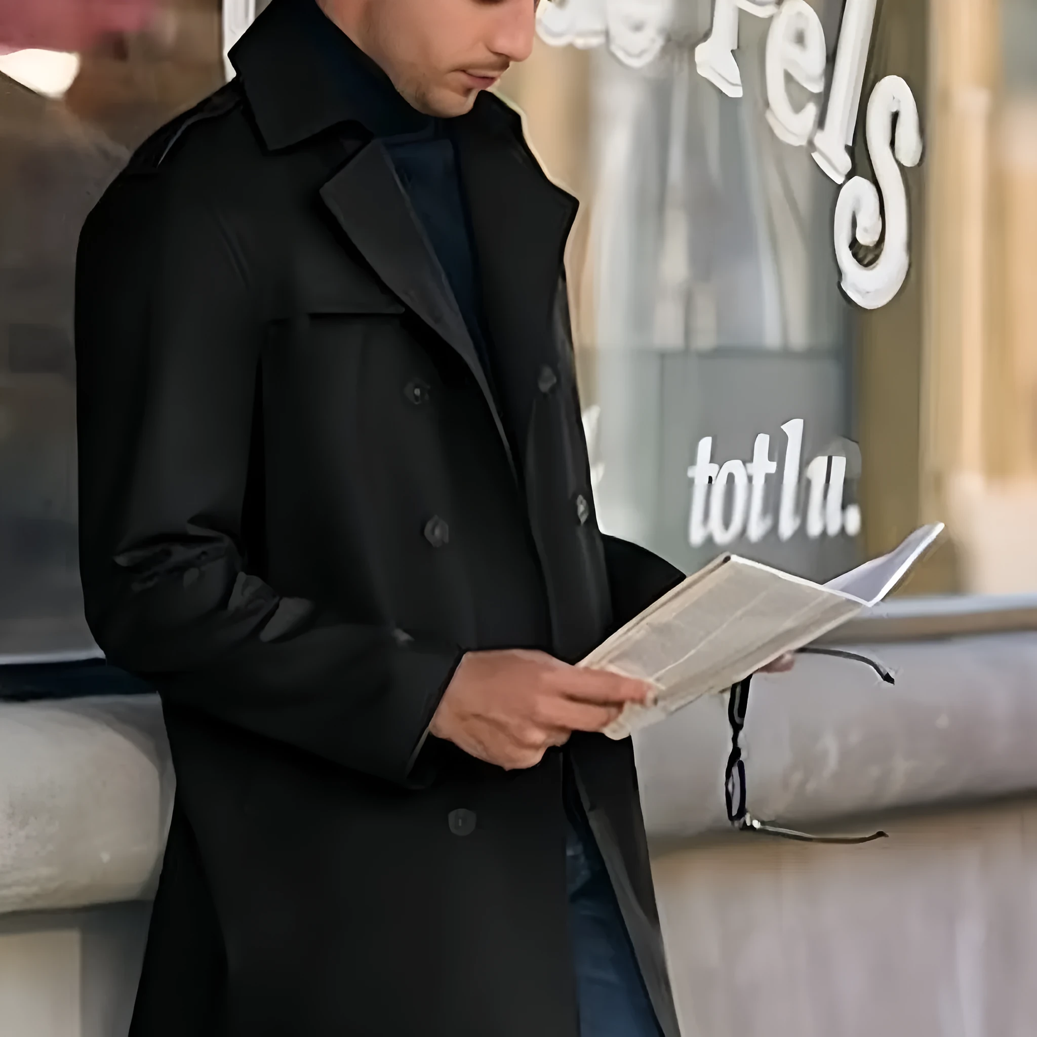 Men's double breasted mid length polyester coat in black, brown, and light gray, sizes M to 2XL