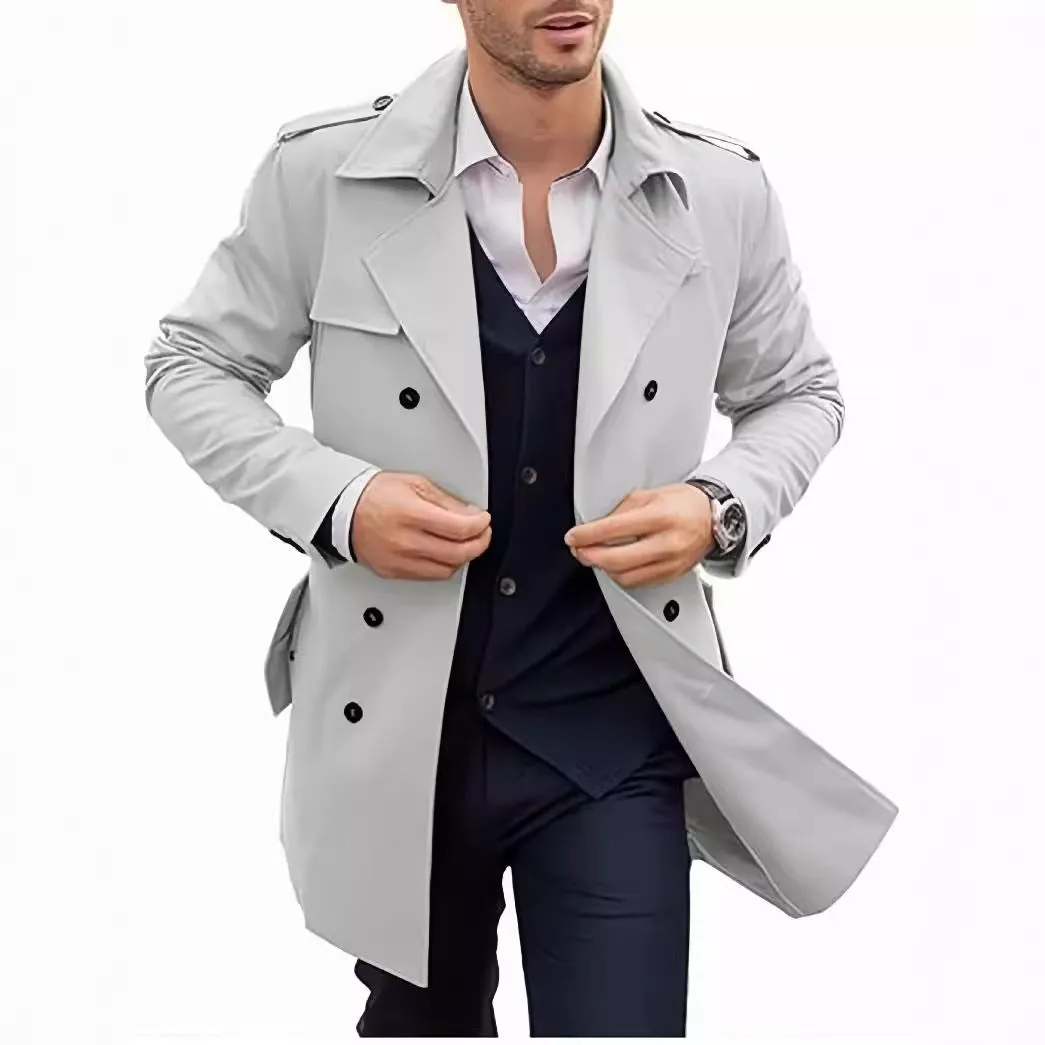 Men's double breasted mid length polyester coat in black, brown, and light gray, sizes M to 2XL