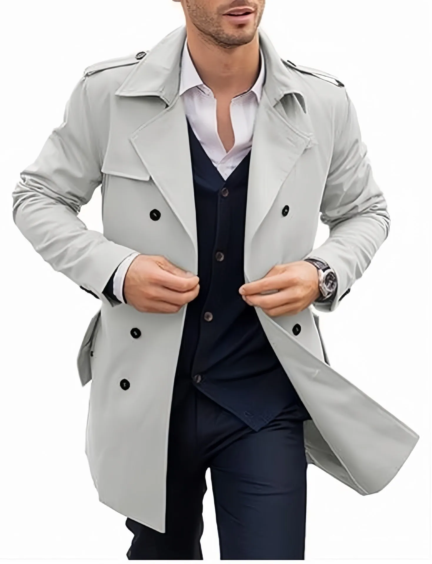 Men's double breasted mid length polyester coat in black, brown, and light gray, sizes M to 2XL