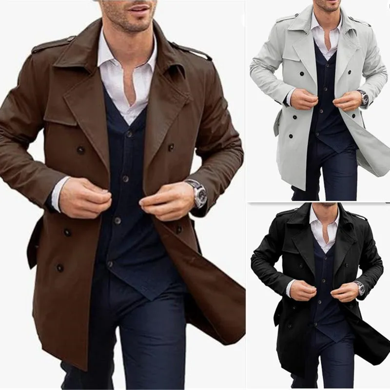 Men's double breasted mid length polyester coat in black, brown, and light gray, sizes M to 2XL