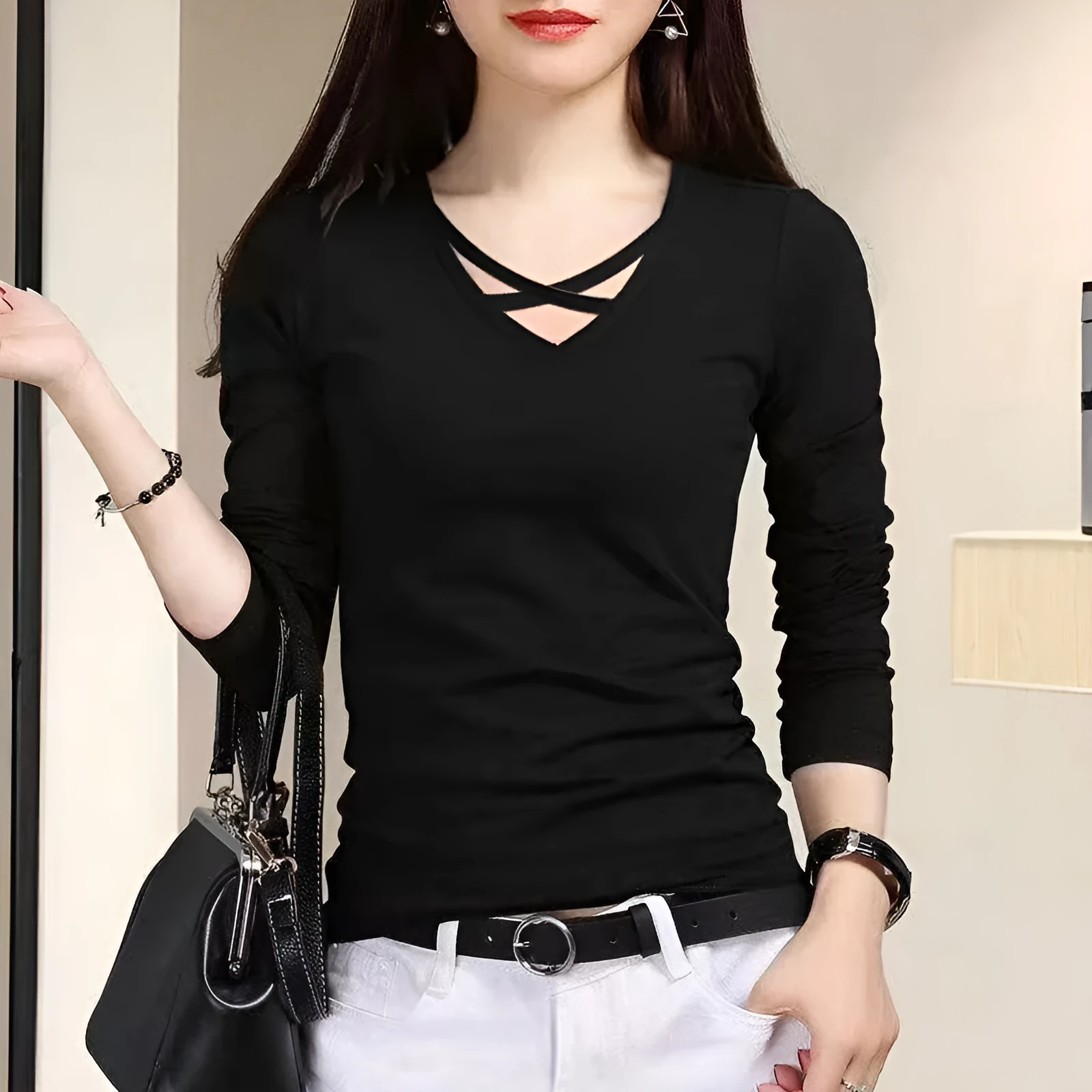 Women's plus size black V-neck long sleeve slim fit top with three-dimensional decoration, front view