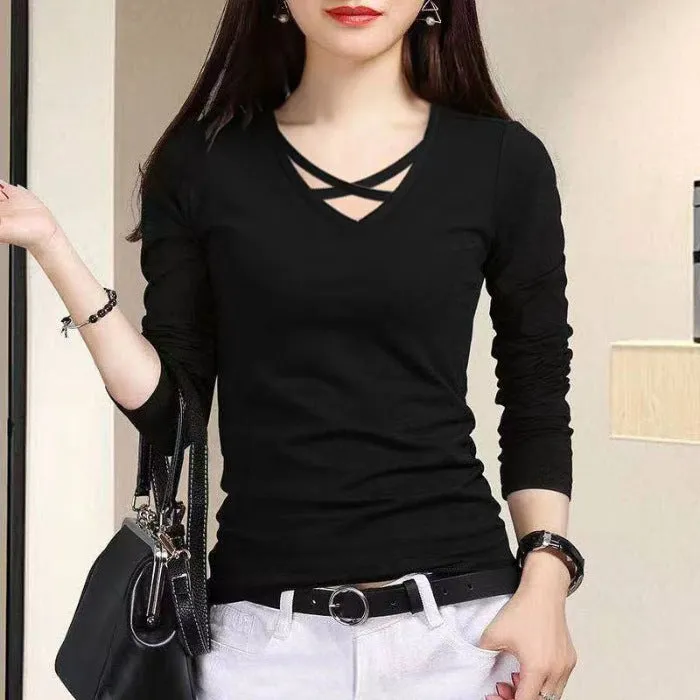 Women's plus size black V-neck long sleeve slim fit top with three-dimensional decoration, front view
