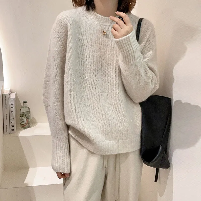 Soft glutinous long sleeve round neck top in milky white, loose fit, free size 85-135 cm, polyester pullover