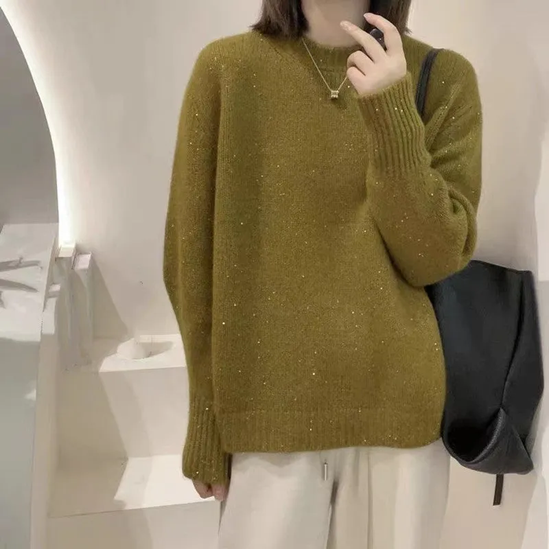 Soft glutinous long sleeve round neck top in milky white, loose fit, free size 85-135 cm, polyester pullover