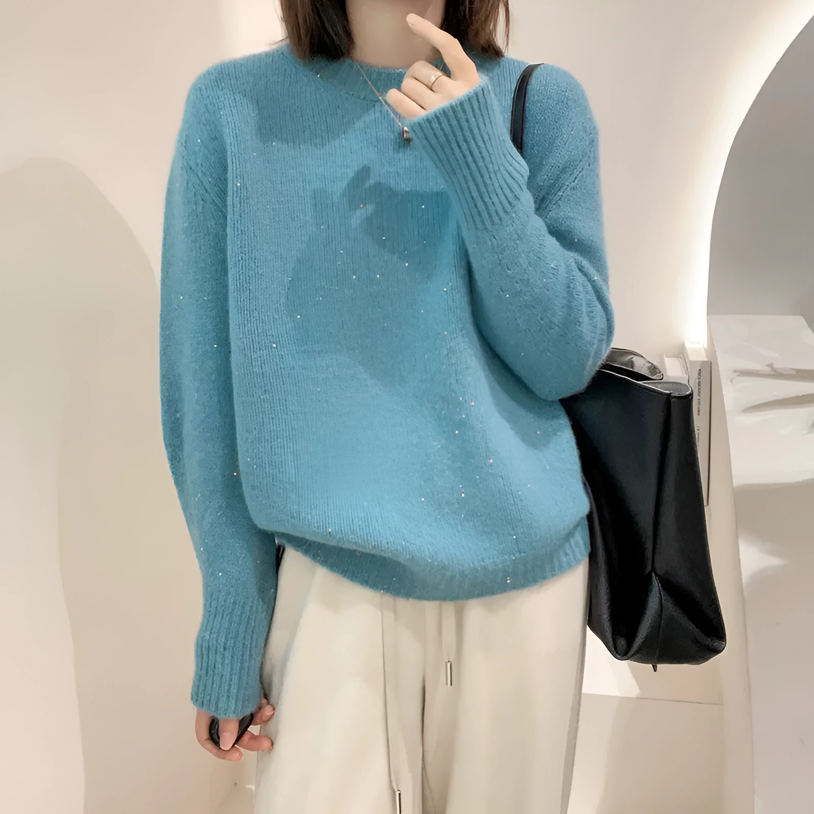 Soft glutinous long sleeve round neck top in milky white, loose fit, free size 85-135 cm, polyester pullover